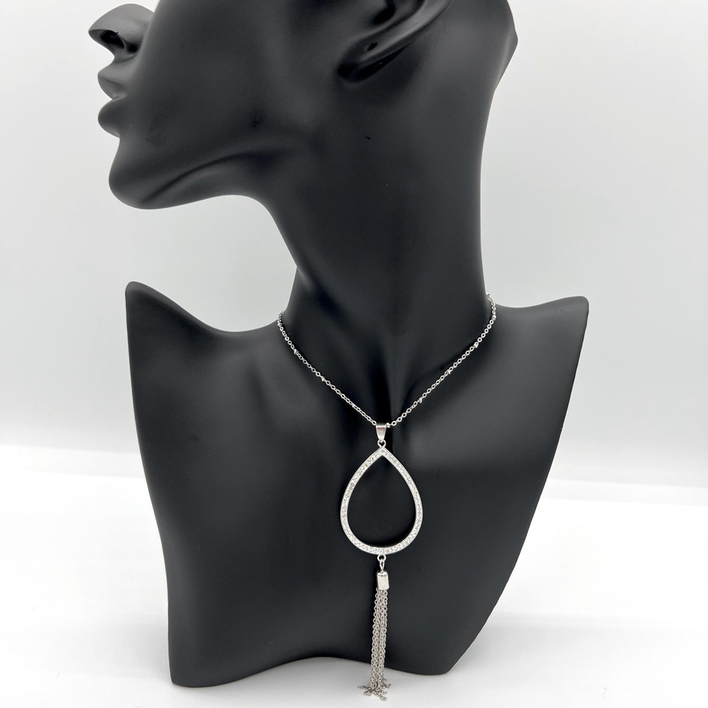 Swarovski Diamond Teardrop Tassel Crystal Pendant Necklace in Sterling Silver